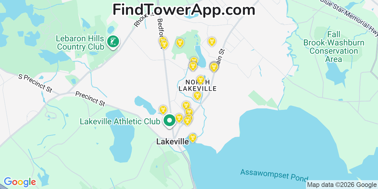Map showing the 20 primary cell tower locations detected in North Lakeville, Massachusetts from AT&T, Verizon, and T-Mobile networks