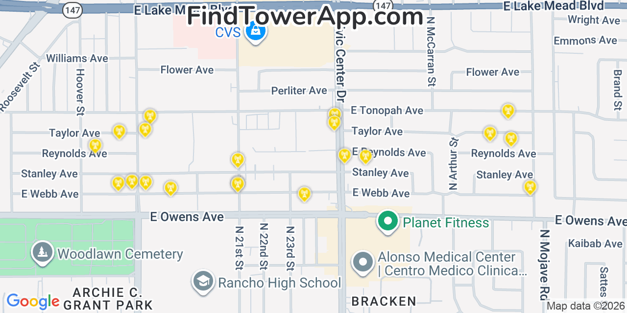 Map showing the 20 primary cell tower locations detected in North Las Vegas, Nevada from AT&T, Verizon, and T-Mobile networks