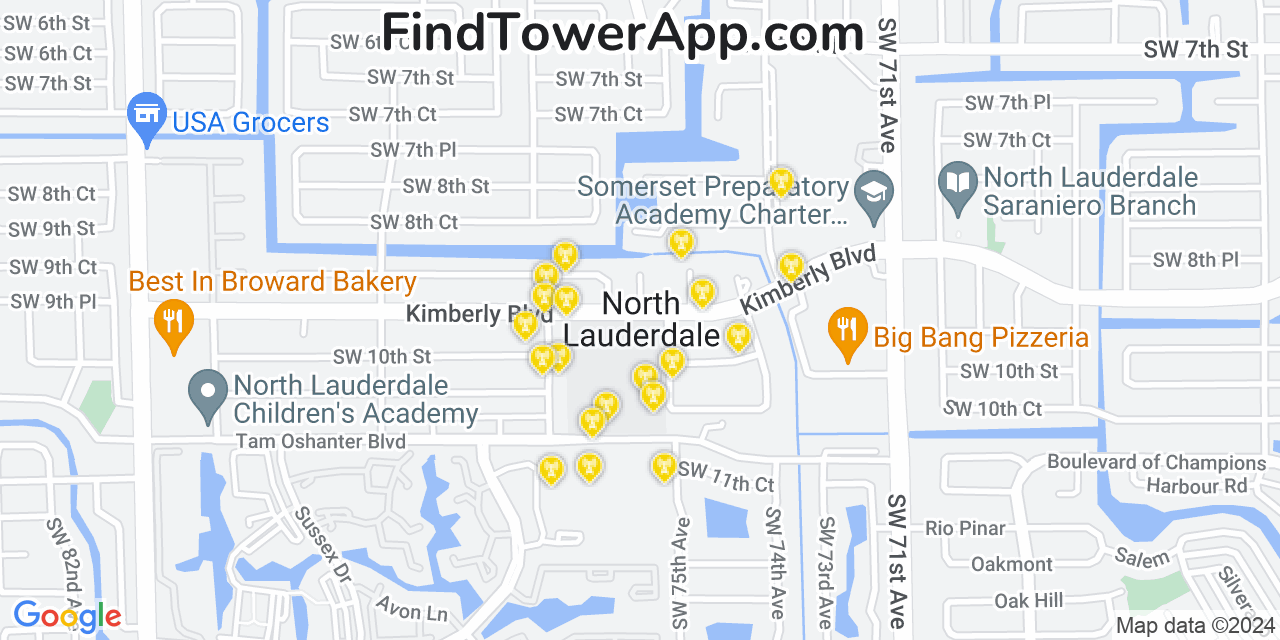 AT&T 4G/5G cell tower coverage map North Lauderdale, Florida