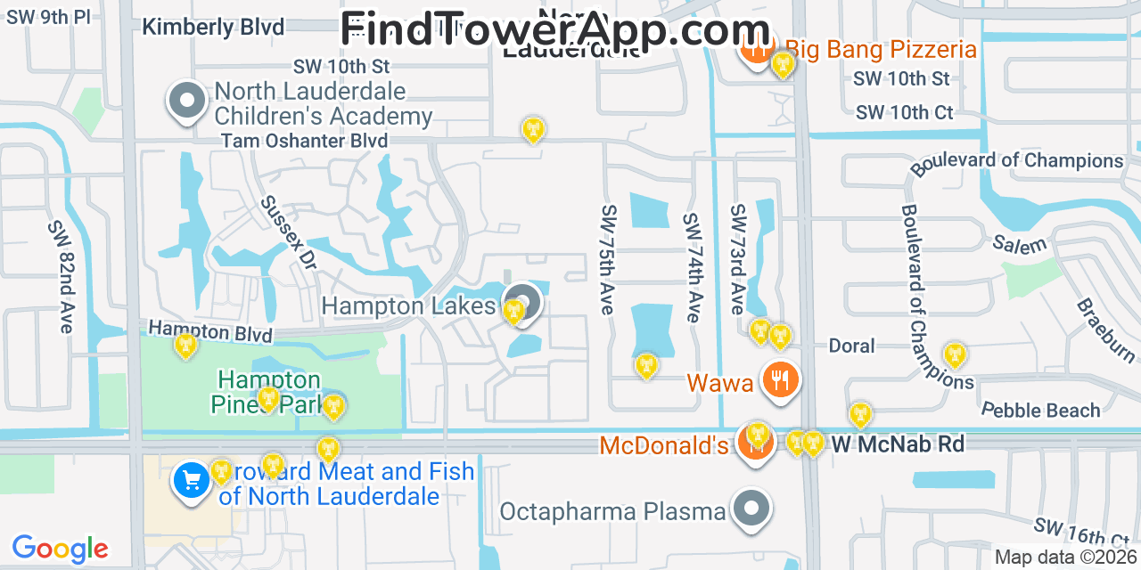 Map showing the 20 primary cell tower locations detected in North Lauderdale, Florida from AT&T, Verizon, and T-Mobile networks