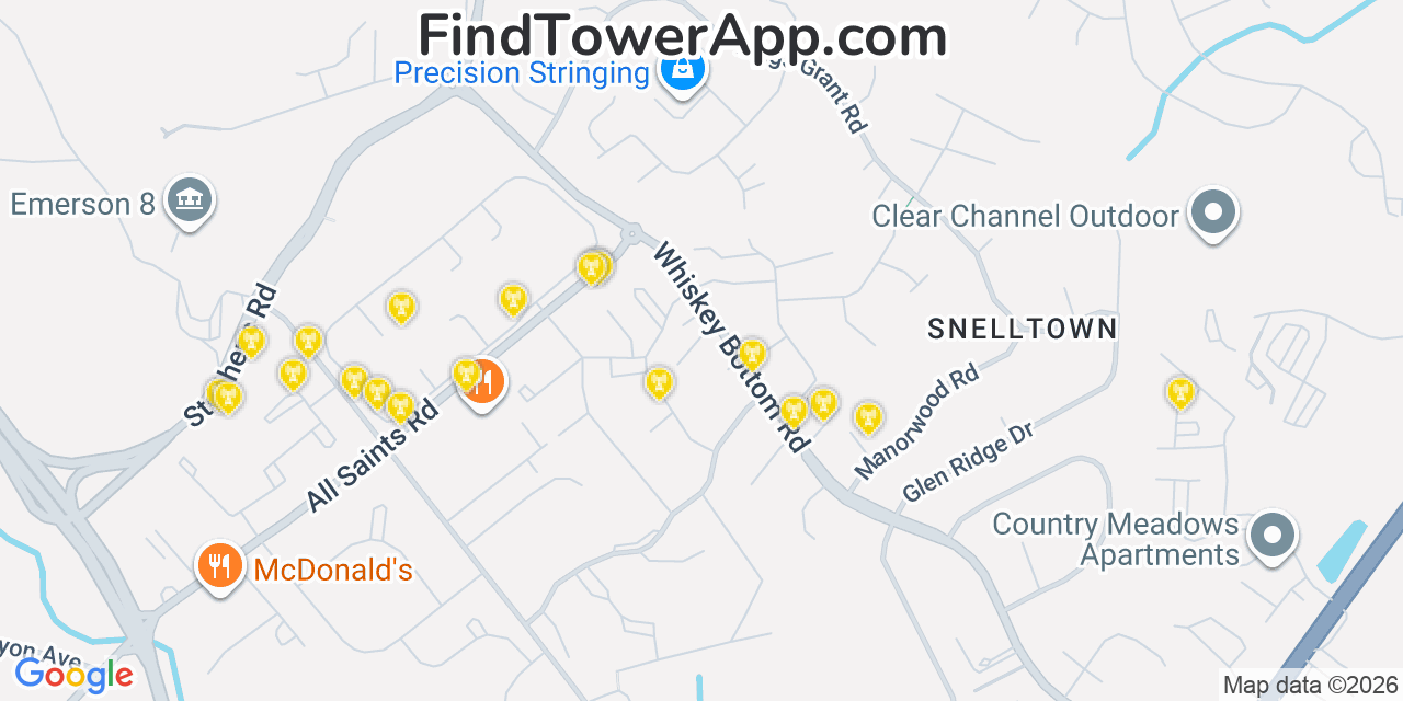 Map showing the 20 primary cell tower locations detected in North Laurel, Maryland from AT&T, Verizon, and T-Mobile networks