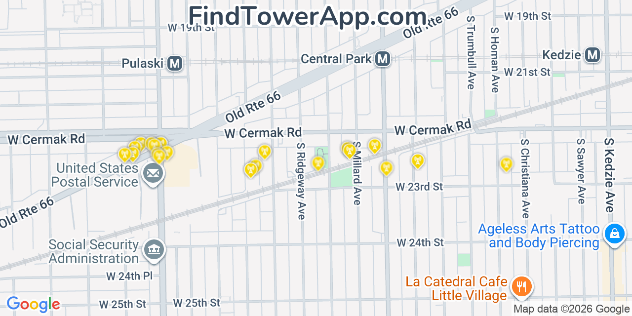 Map showing the 20 primary cell tower locations detected in North Lawndale, Illinois from AT&T, Verizon, and T-Mobile networks