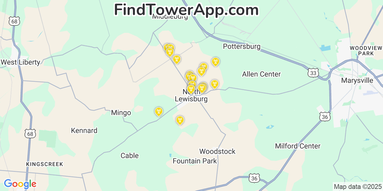 Map showing the 20 primary cell tower locations detected in North Lewisburg, Ohio from AT&T, Verizon, and T-Mobile networks