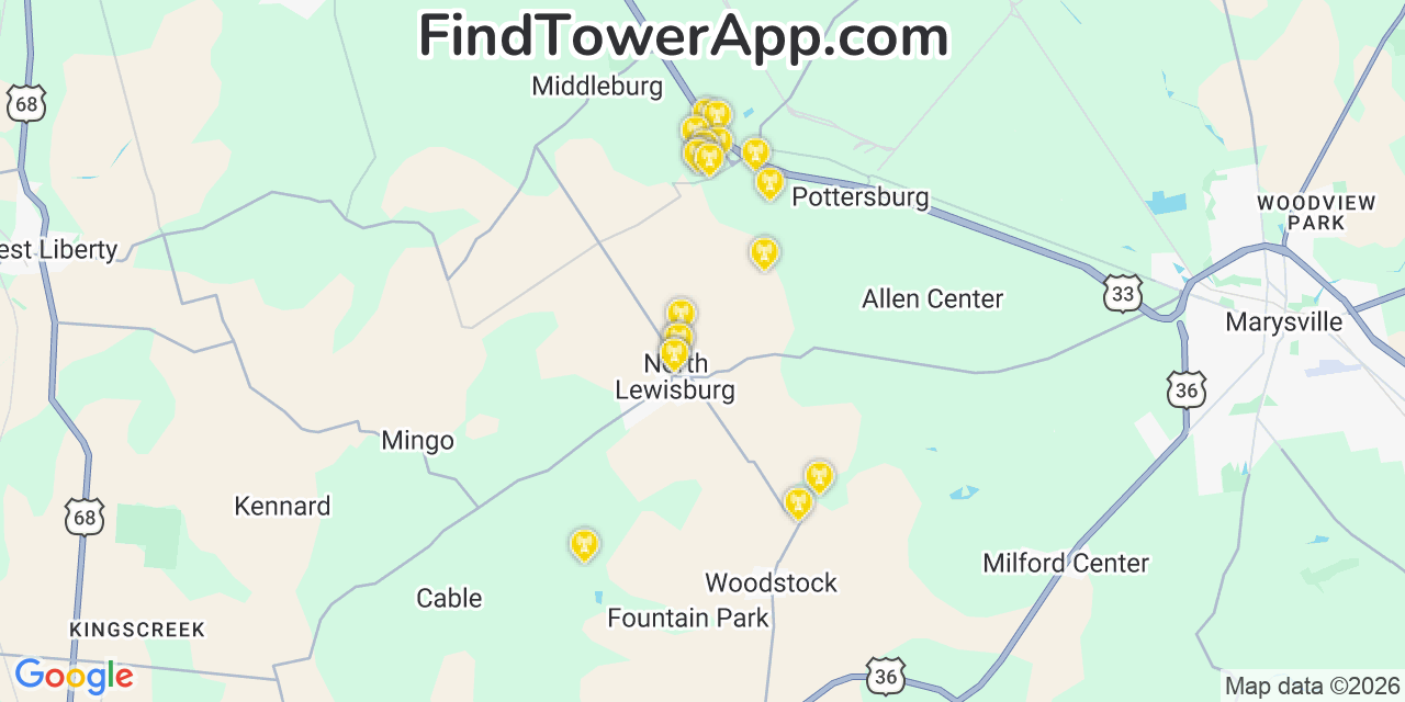Map showing the 20 primary cell tower locations detected in North Lewisburg, Ohio from AT&T, Verizon, and T-Mobile networks