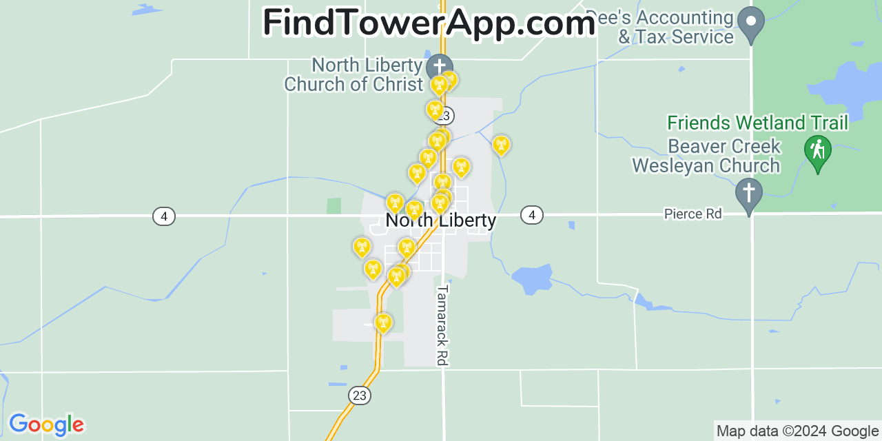 AT&T 4G/5G cell tower coverage map North Liberty, Indiana