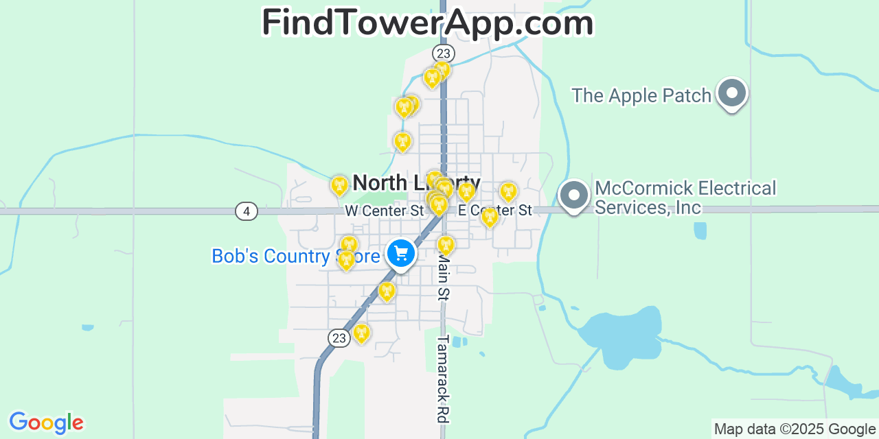 Map showing the 20 primary cell tower locations detected in North Liberty, Indiana from AT&T, Verizon, and T-Mobile networks