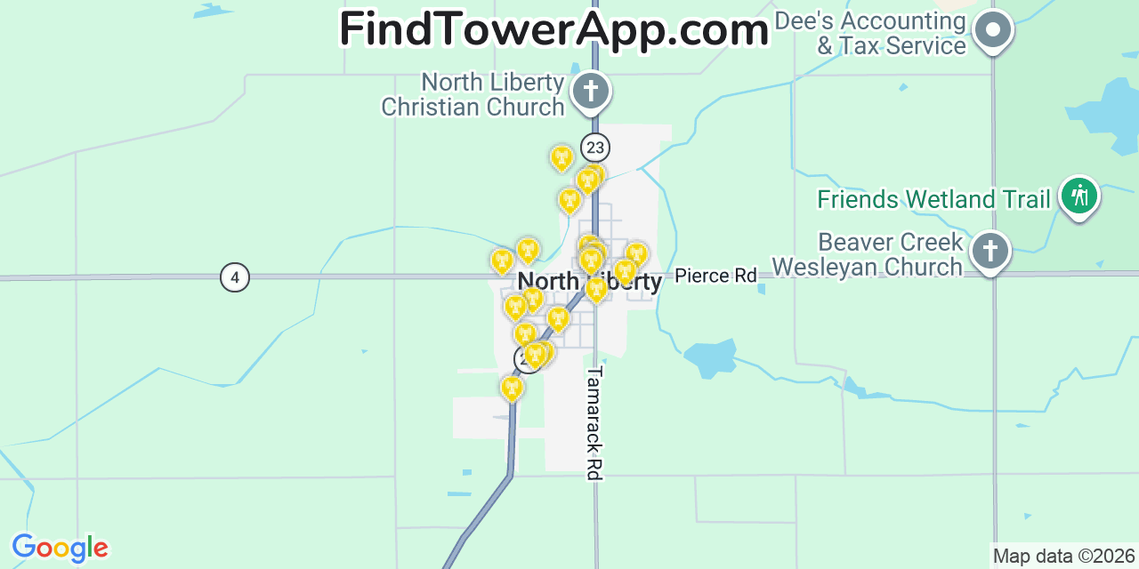 Map showing the 20 primary cell tower locations detected in North Liberty, Indiana from AT&T, Verizon, and T-Mobile networks