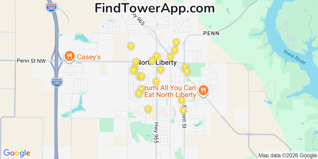 Map showing the 20 primary cell tower locations detected in North Liberty, Iowa from AT&T, Verizon, and T-Mobile networks