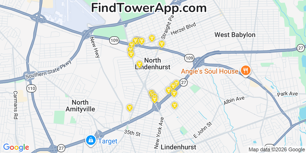 Map showing the 20 primary cell tower locations detected in North Lindenhurst, New York from AT&T, Verizon, and T-Mobile networks