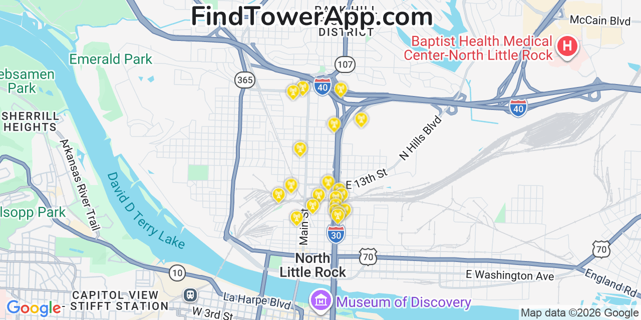 Map showing the 20 primary cell tower locations detected in North Little Rock, Arkansas from AT&T, Verizon, and T-Mobile networks