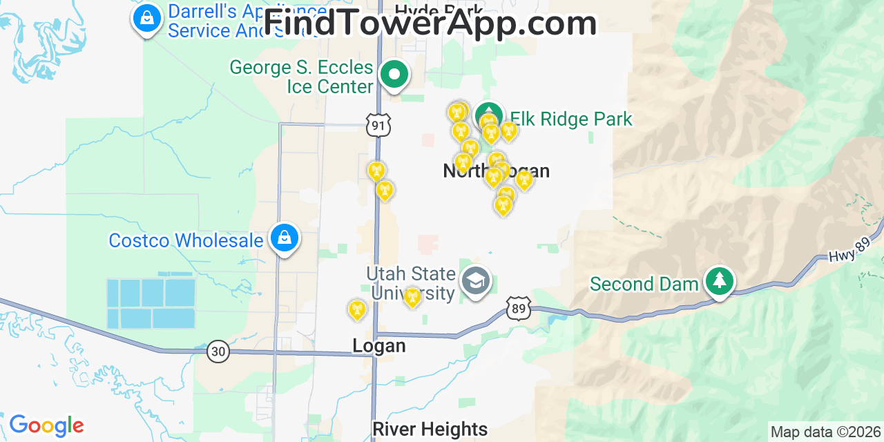 Map showing the 20 primary cell tower locations detected in North Logan, Utah from AT&T, Verizon, and T-Mobile networks