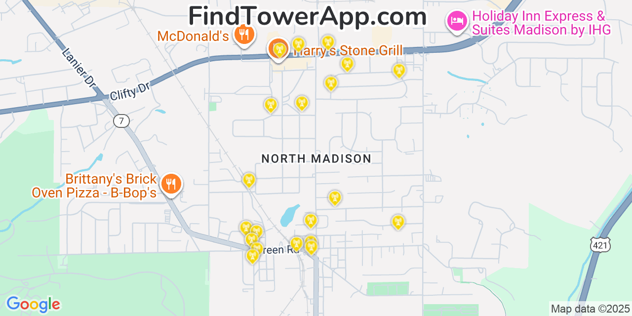 Map showing the 20 primary cell tower locations detected in North Madison, Indiana from AT&T, Verizon, and T-Mobile networks