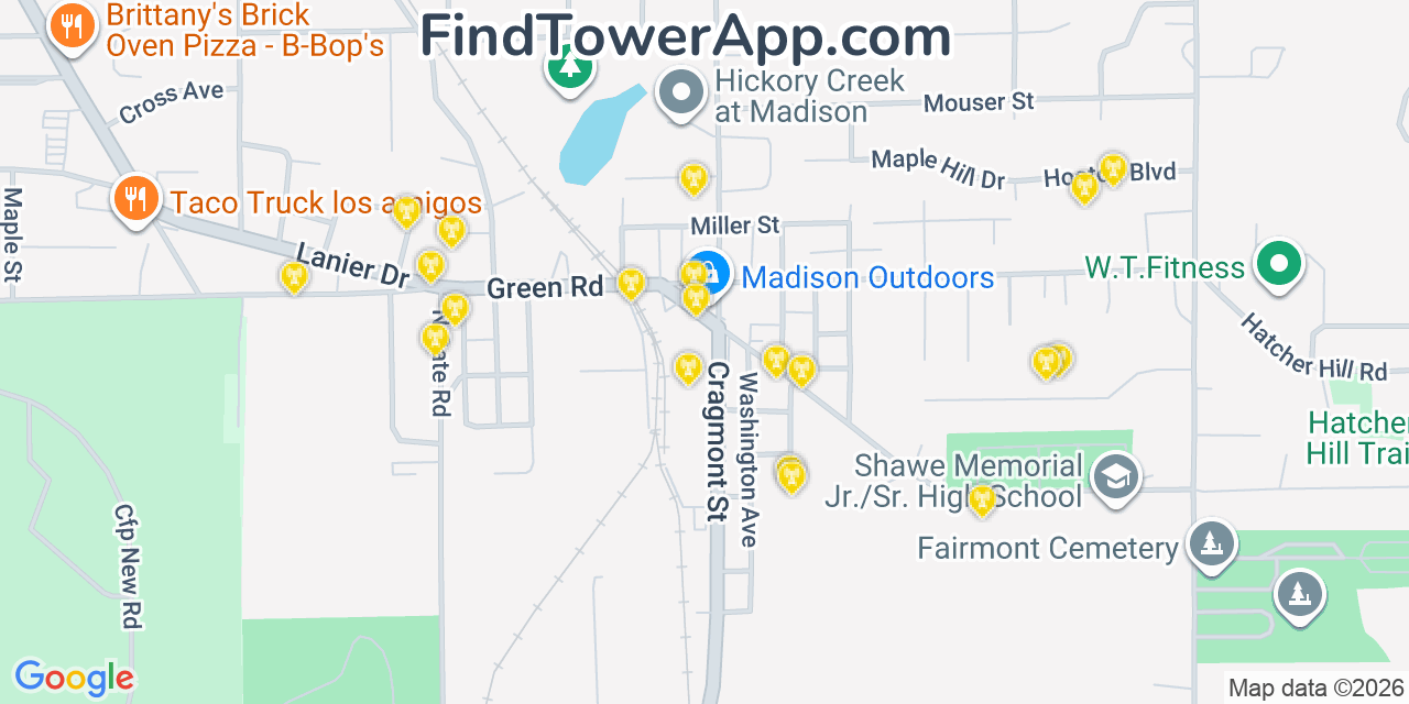 Map showing the 20 primary cell tower locations detected in North Madison, Indiana from AT&T, Verizon, and T-Mobile networks
