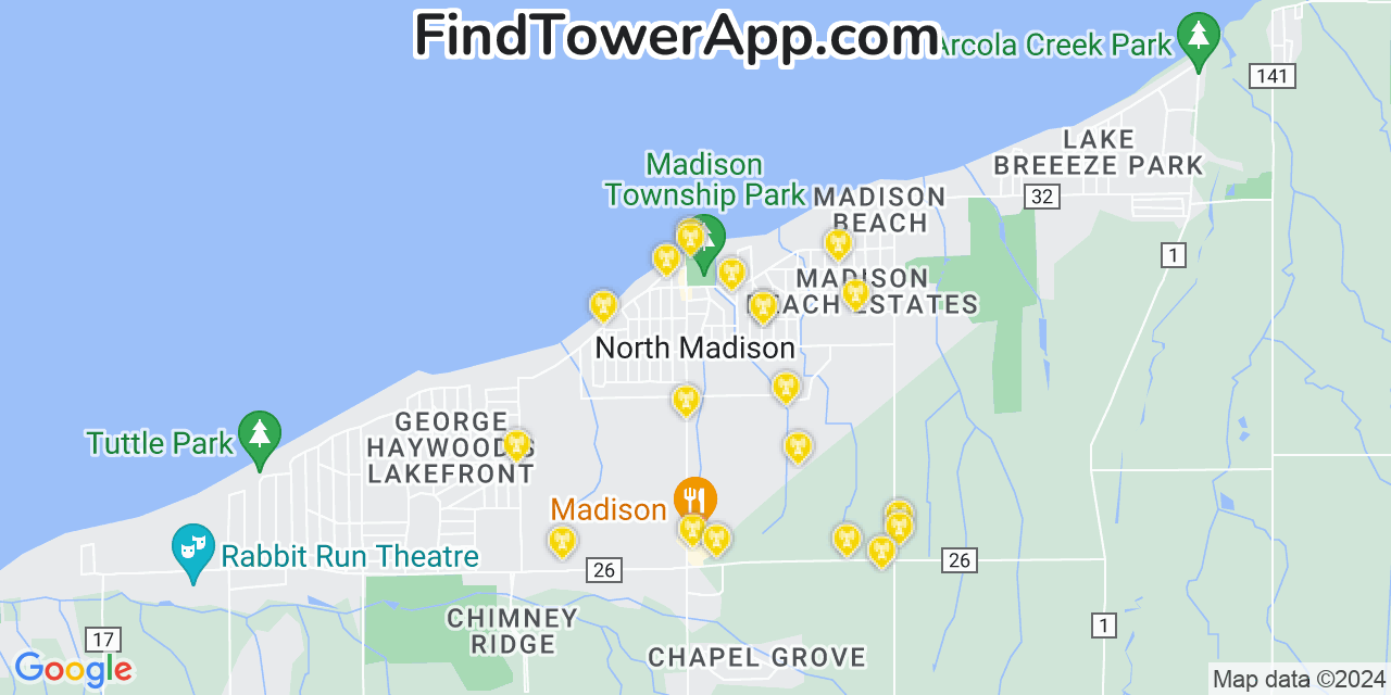 AT&T 4G/5G cell tower coverage map North Madison, Ohio