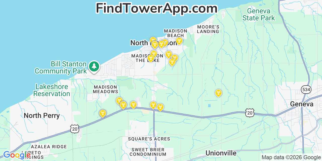 Map showing the 20 primary cell tower locations detected in North Madison, Ohio from AT&T, Verizon, and T-Mobile networks