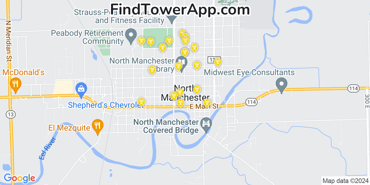 AT&T 4G/5G cell tower coverage map North Manchester, Indiana