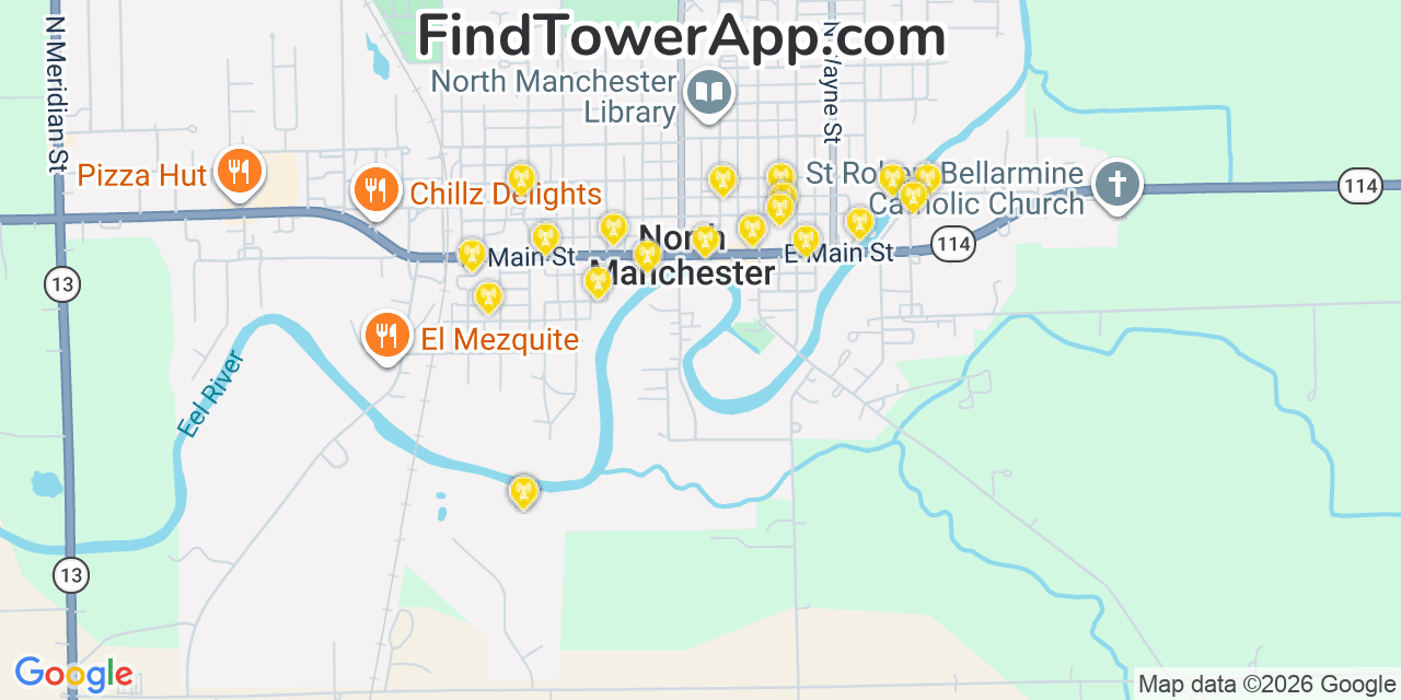 Map showing the 20 primary cell tower locations detected in North Manchester, Indiana from AT&T, Verizon, and T-Mobile networks