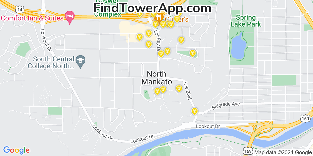 AT&T 4G/5G cell tower coverage map North Mankato, Minnesota