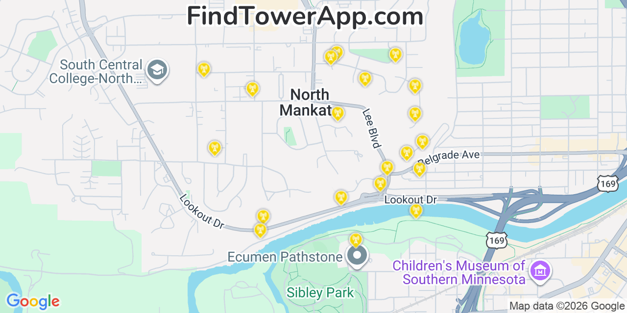 Map showing the 20 primary cell tower locations detected in North Mankato, Minnesota from AT&T, Verizon, and T-Mobile networks