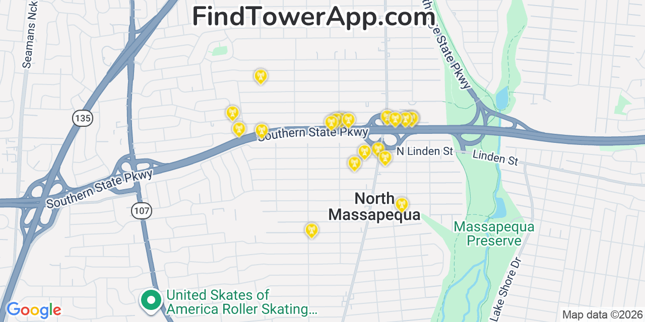 Map showing the 20 primary cell tower locations detected in North Massapequa, New York from AT&T, Verizon, and T-Mobile networks