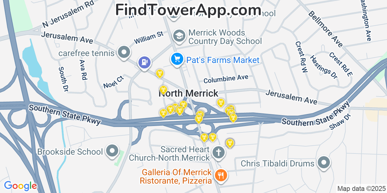Map showing the 20 primary cell tower locations detected in North Merrick, New York from AT&T, Verizon, and T-Mobile networks