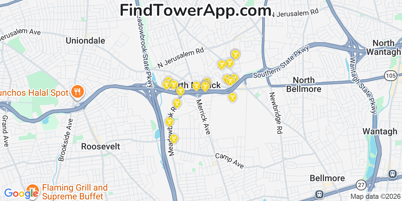 Map showing the 20 primary cell tower locations detected in North Merrick, New York from AT&T, Verizon, and T-Mobile networks