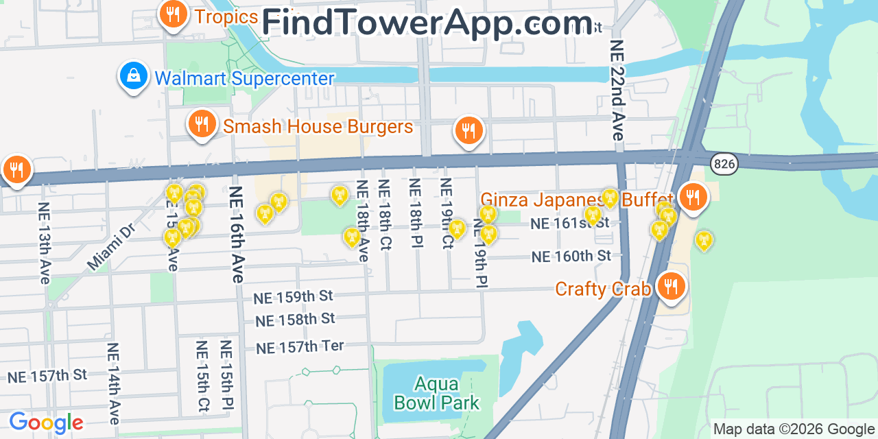 Map showing the 20 primary cell tower locations detected in North Miami Beach, Florida from AT&T, Verizon, and T-Mobile networks
