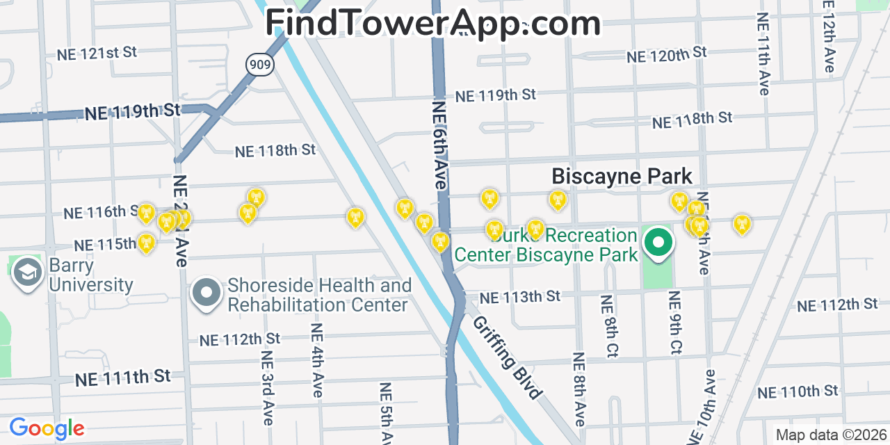 Map showing the 20 primary cell tower locations detected in North Miami, Florida from AT&T, Verizon, and T-Mobile networks