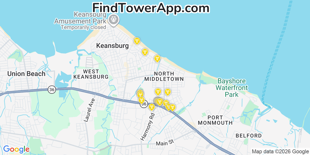 Map showing the 20 primary cell tower locations detected in North Middletown, New Jersey from AT&T, Verizon, and T-Mobile networks