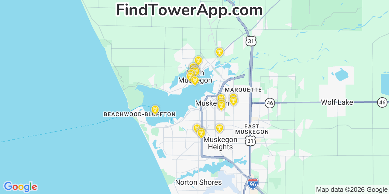 Map showing the 20 primary cell tower locations detected in North Muskegon, Michigan from AT&T, Verizon, and T-Mobile networks