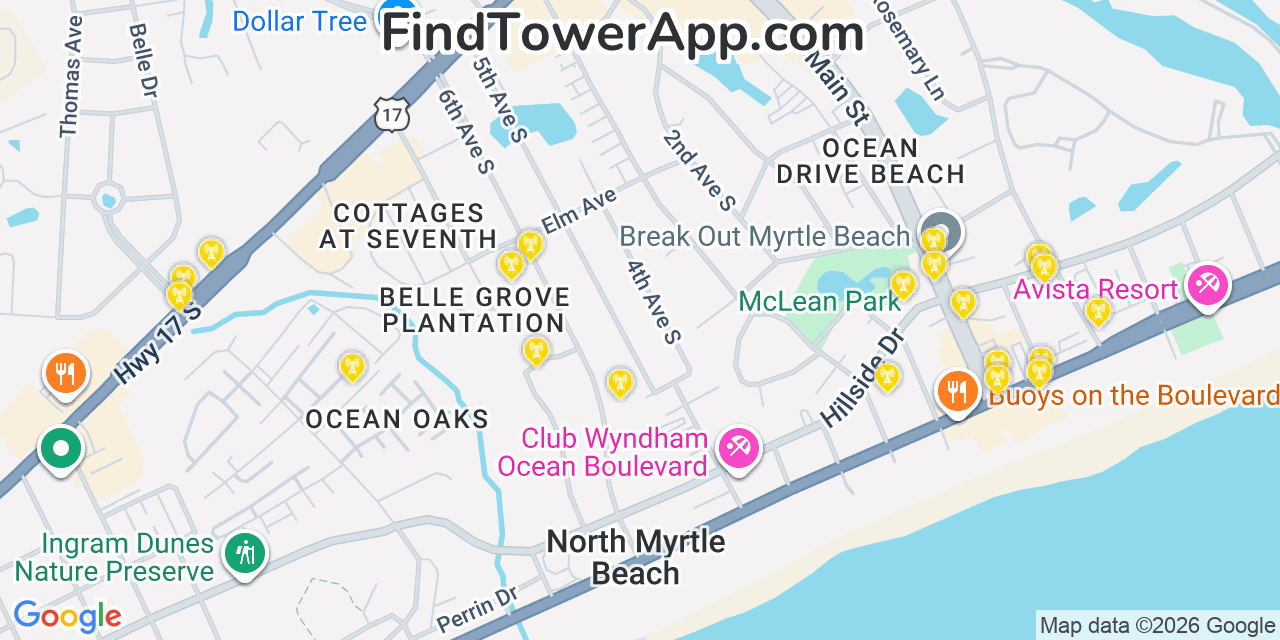 Map showing the 20 primary cell tower locations detected in North Myrtle Beach, South Carolina from AT&T, Verizon, and T-Mobile networks
