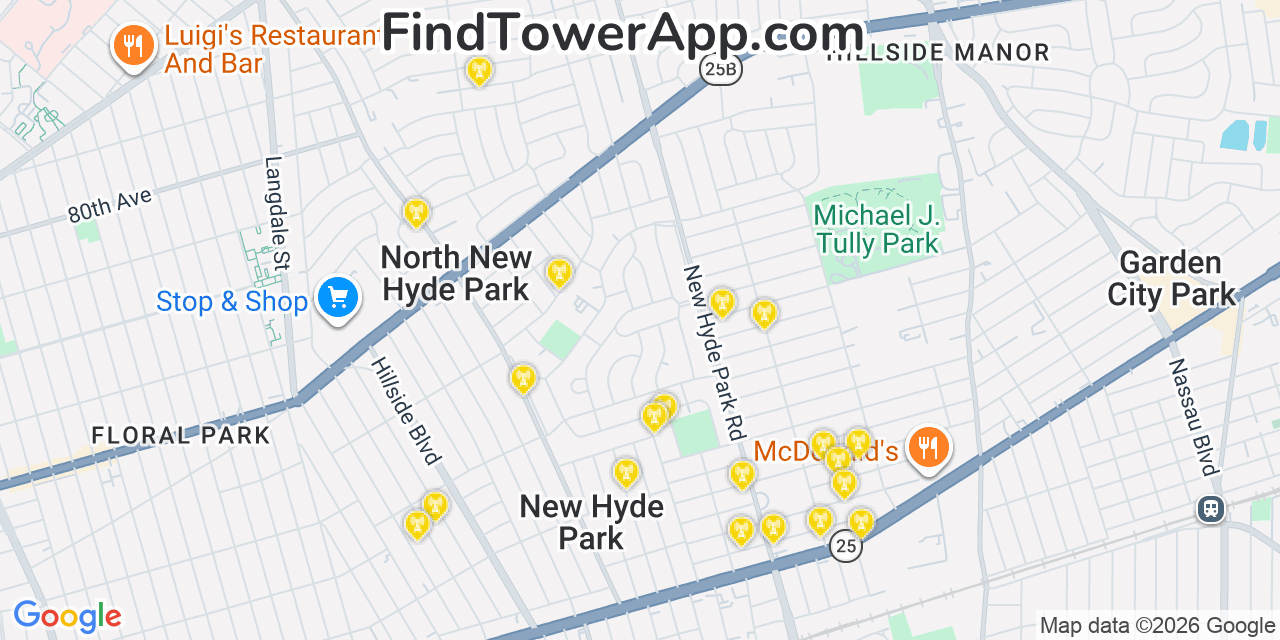 Map showing the 20 primary cell tower locations detected in North New Hyde Park, New York from AT&T, Verizon, and T-Mobile networks