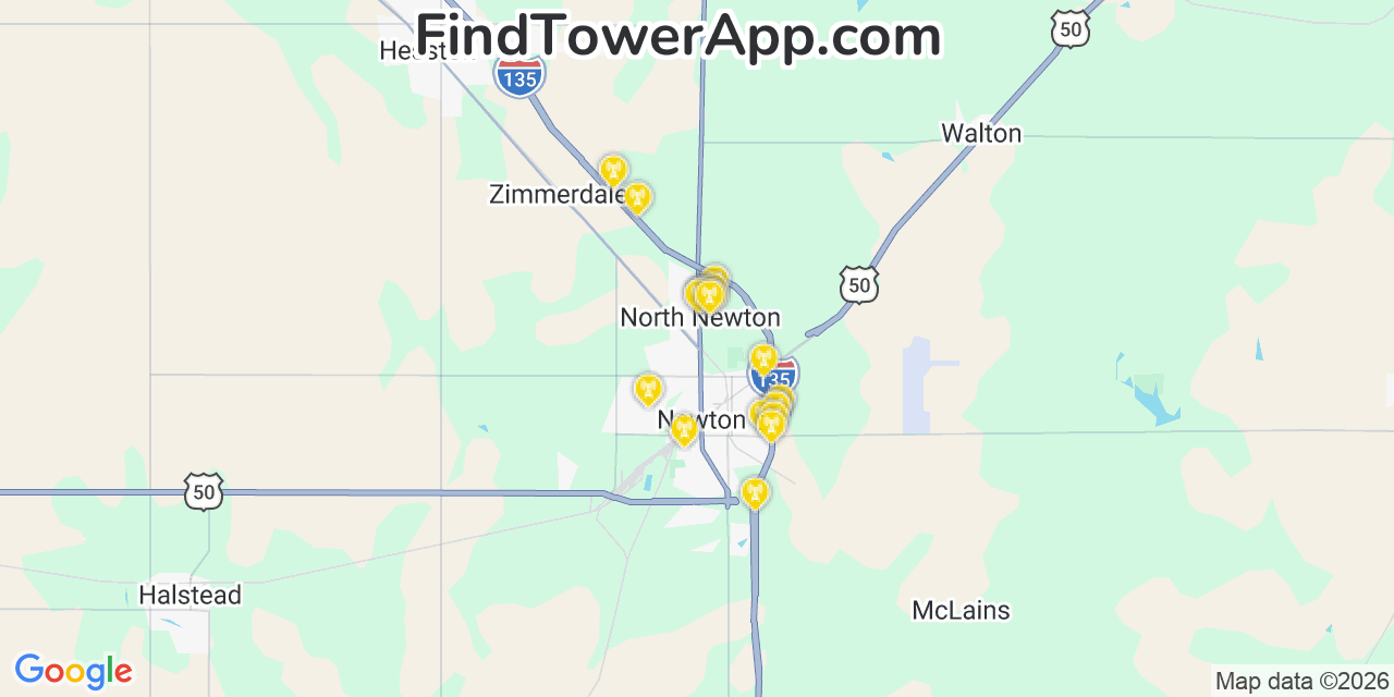 Map showing the 20 primary cell tower locations detected in North Newton, Kansas from AT&T, Verizon, and T-Mobile networks