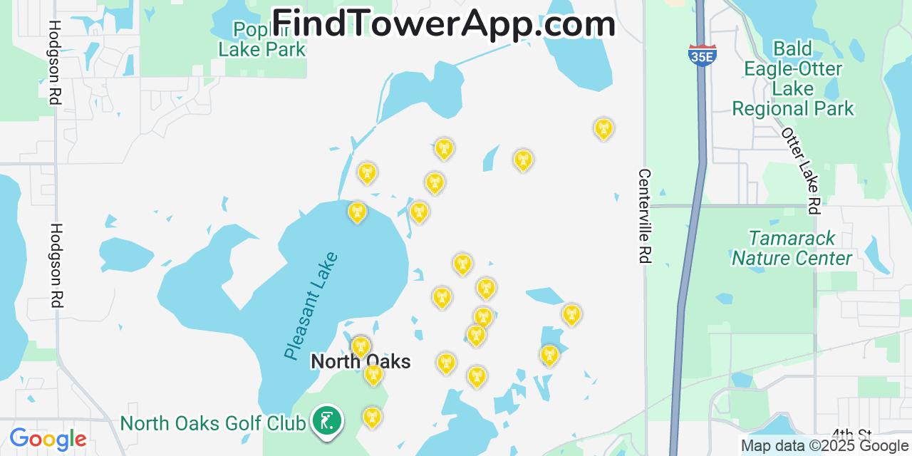 Map showing the 20 primary cell tower locations detected in North Oaks, Minnesota from AT&T, Verizon, and T-Mobile networks