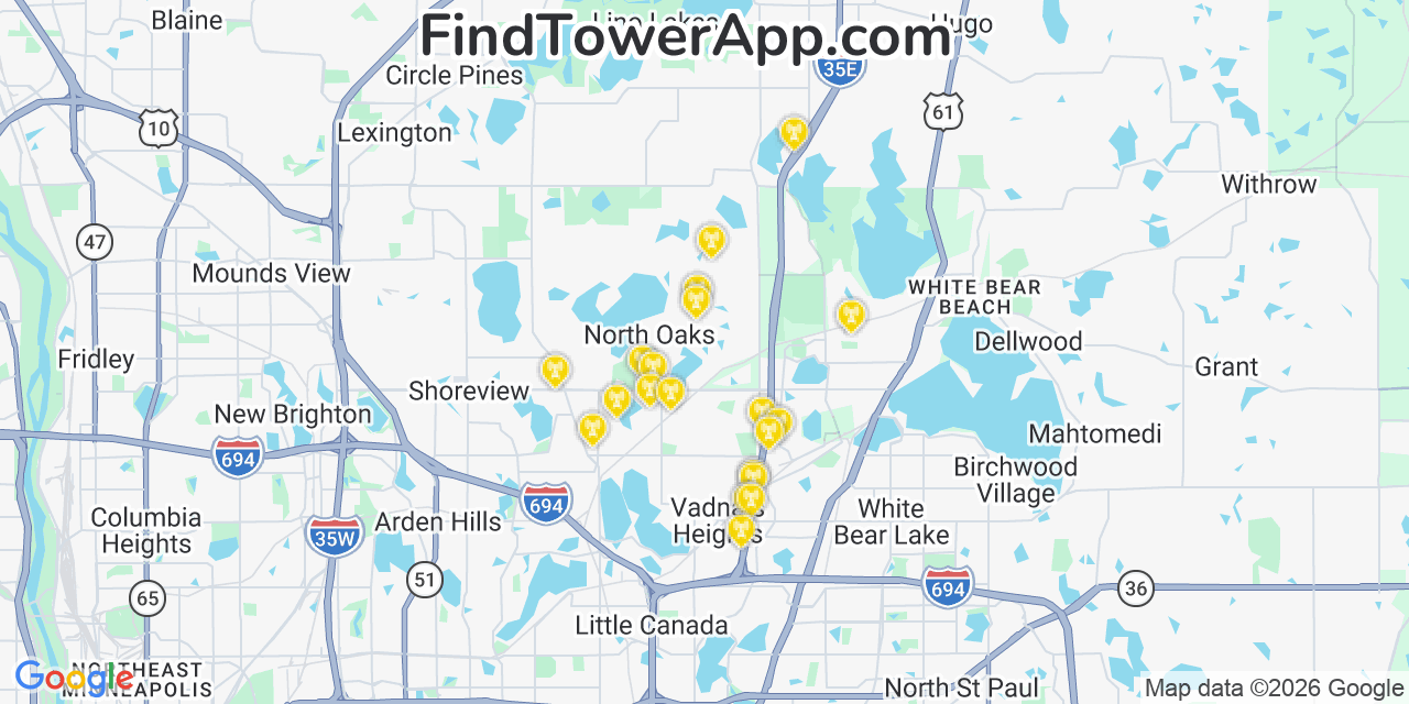 Map showing the 20 primary cell tower locations detected in North Oaks, Minnesota from AT&T, Verizon, and T-Mobile networks