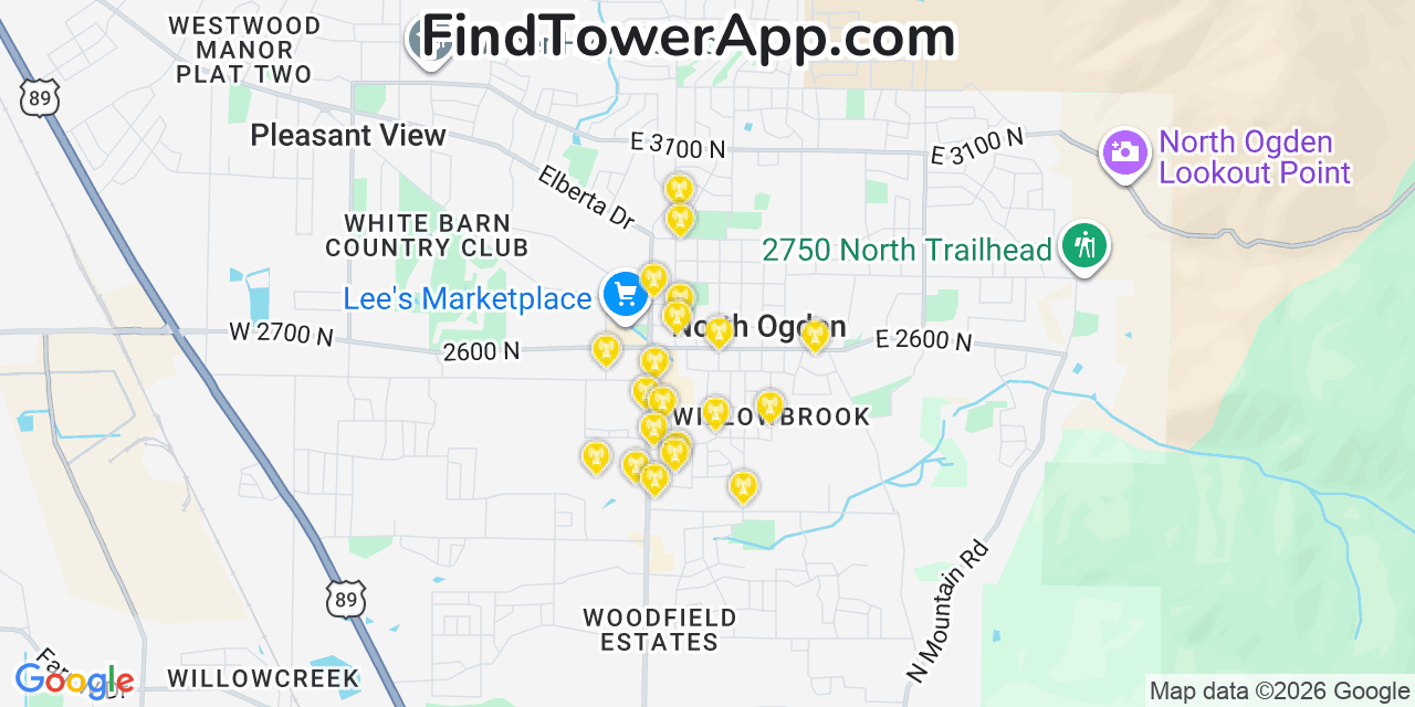 Map showing the 20 primary cell tower locations detected in North Ogden, Utah from AT&T, Verizon, and T-Mobile networks