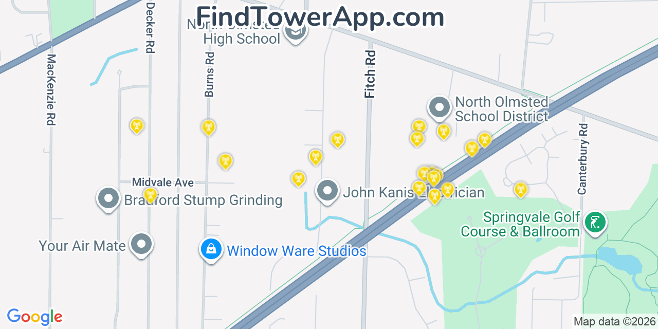 Map showing the 20 primary cell tower locations detected in North Olmsted, Ohio from AT&T, Verizon, and T-Mobile networks