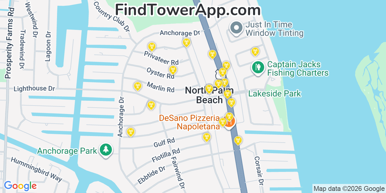 Map showing the 20 primary cell tower locations detected in North Palm Beach, Florida from AT&T, Verizon, and T-Mobile networks