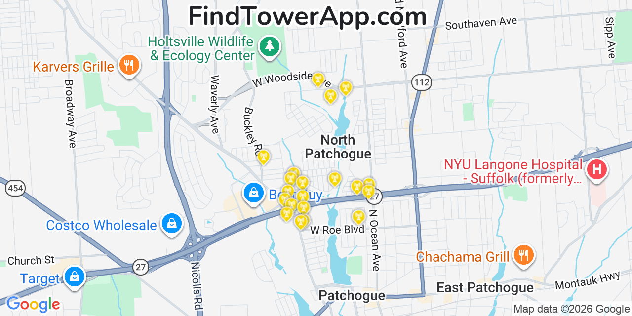 Map showing the 20 primary cell tower locations detected in North Patchogue, New York from AT&T, Verizon, and T-Mobile networks
