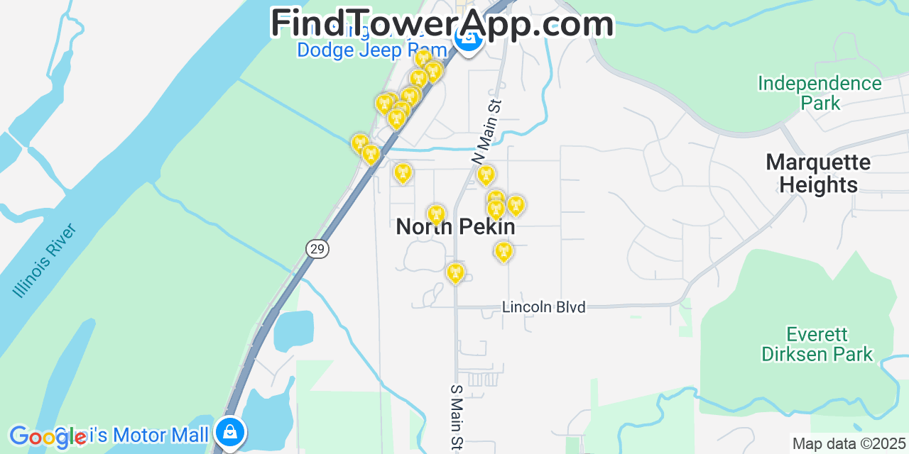 Map showing the 20 primary cell tower locations detected in North Pekin, Illinois from AT&T, Verizon, and T-Mobile networks