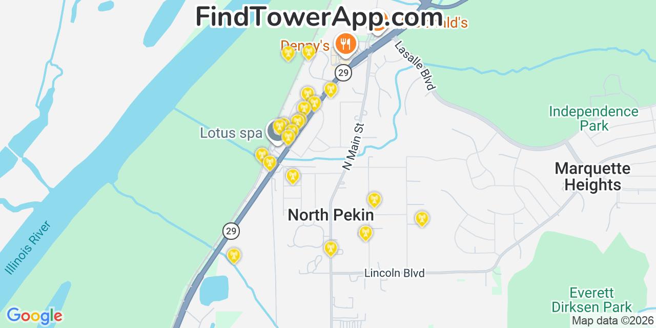 Map showing the 20 primary cell tower locations detected in North Pekin, Illinois from AT&T, Verizon, and T-Mobile networks