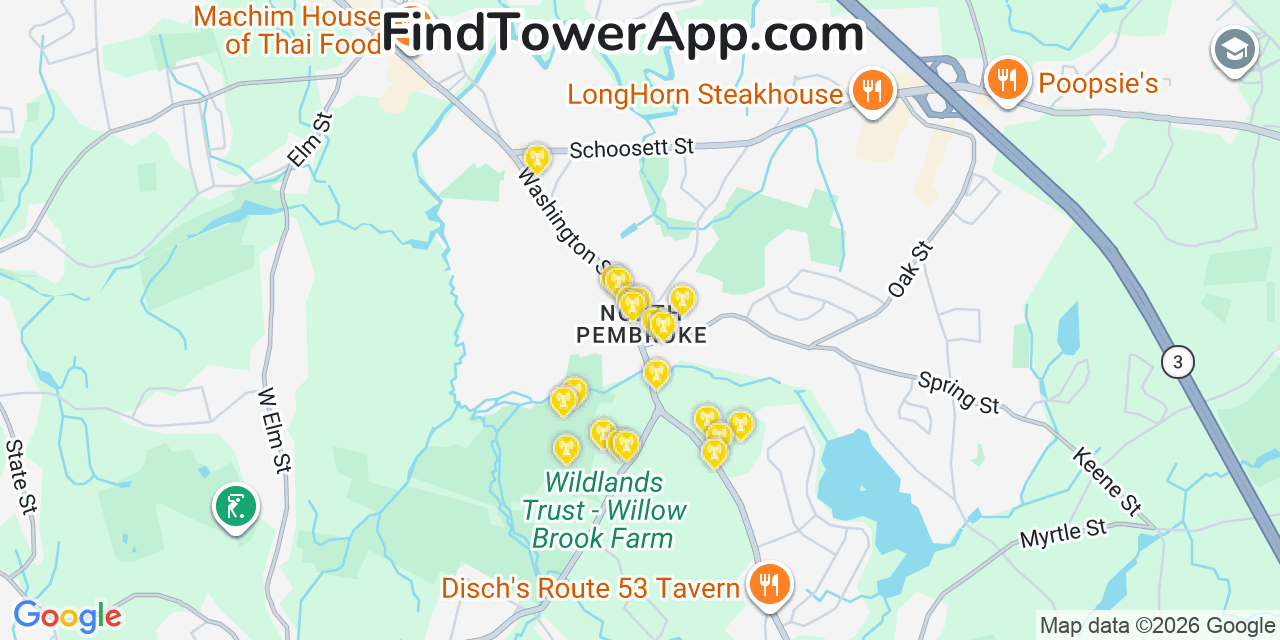 Map showing the 20 primary cell tower locations detected in North Pembroke, Massachusetts from AT&T, Verizon, and T-Mobile networks