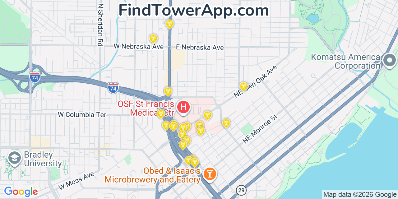 Map showing the 20 primary cell tower locations detected in North Peoria, Illinois from AT&T, Verizon, and T-Mobile networks
