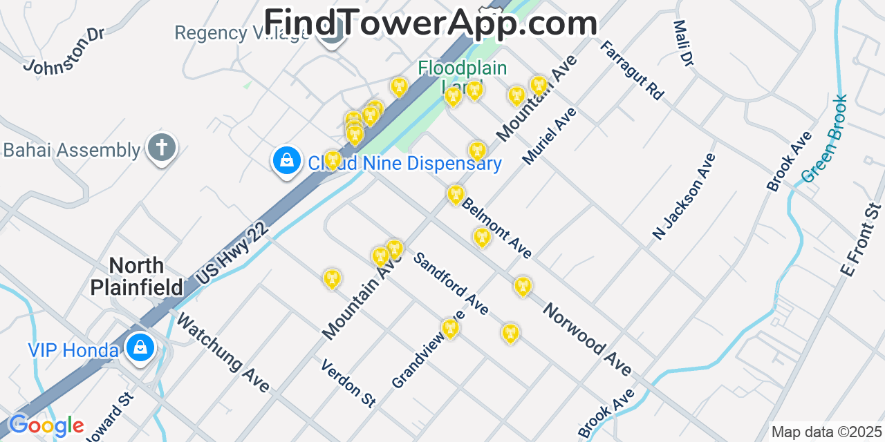 Map showing the 20 primary cell tower locations detected in North Plainfield, New Jersey from AT&T, Verizon, and T-Mobile networks