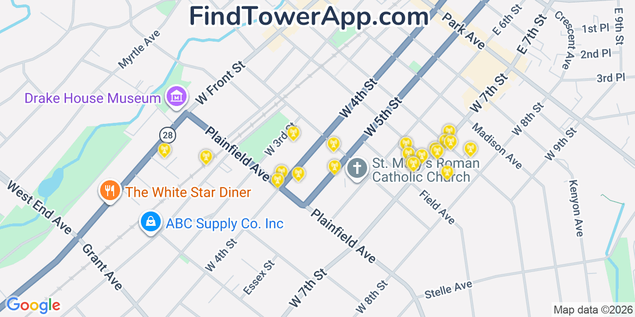 Map showing the 20 primary cell tower locations detected in North Plainfield, New Jersey from AT&T, Verizon, and T-Mobile networks