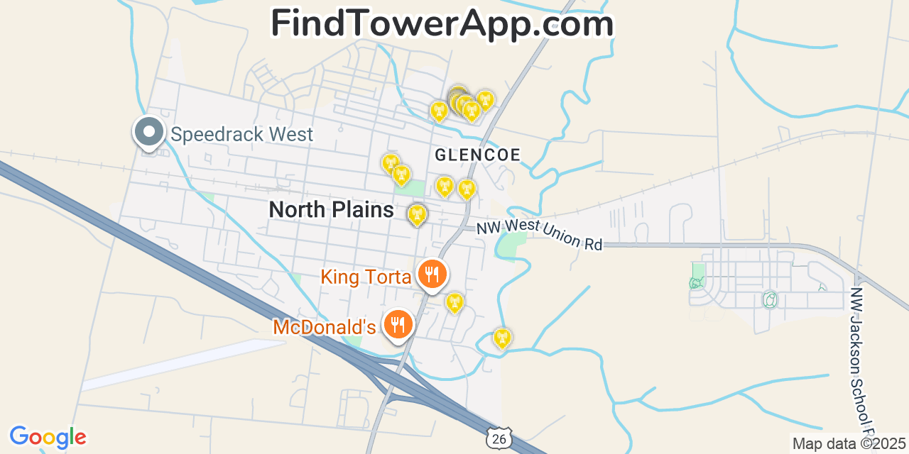 Map showing the 20 primary cell tower locations detected in North Plains, Oregon from AT&T, Verizon, and T-Mobile networks