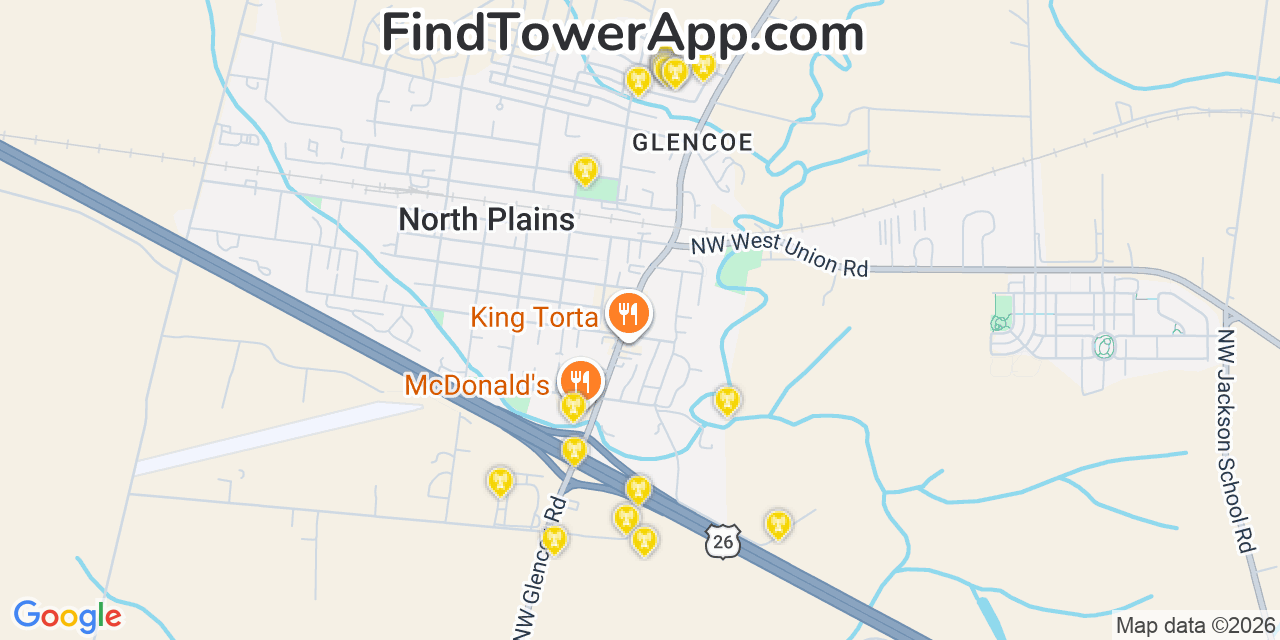 Map showing the 20 primary cell tower locations detected in North Plains, Oregon from AT&T, Verizon, and T-Mobile networks