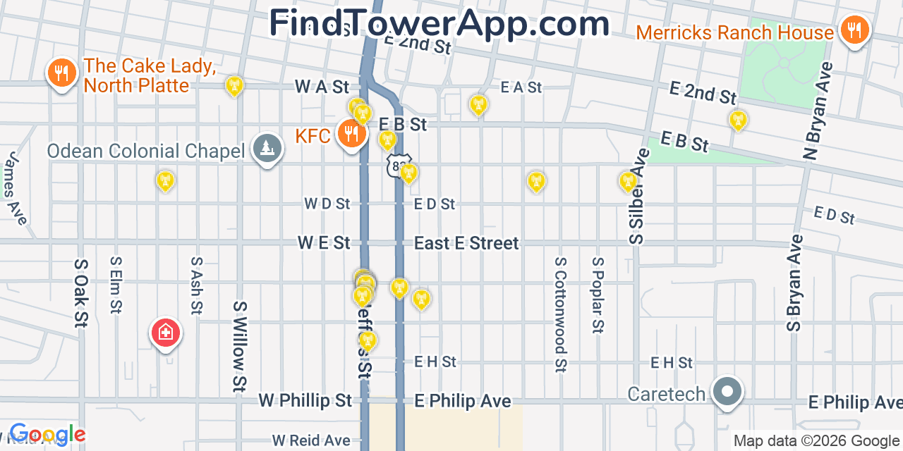 Map showing the 20 primary cell tower locations detected in North Platte, Nebraska from AT&T, Verizon, and T-Mobile networks
