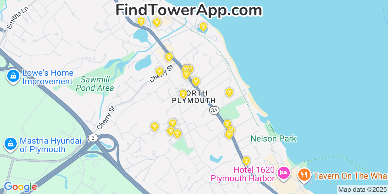 Map showing the 20 primary cell tower locations detected in North Plymouth, Massachusetts from AT&T, Verizon, and T-Mobile networks