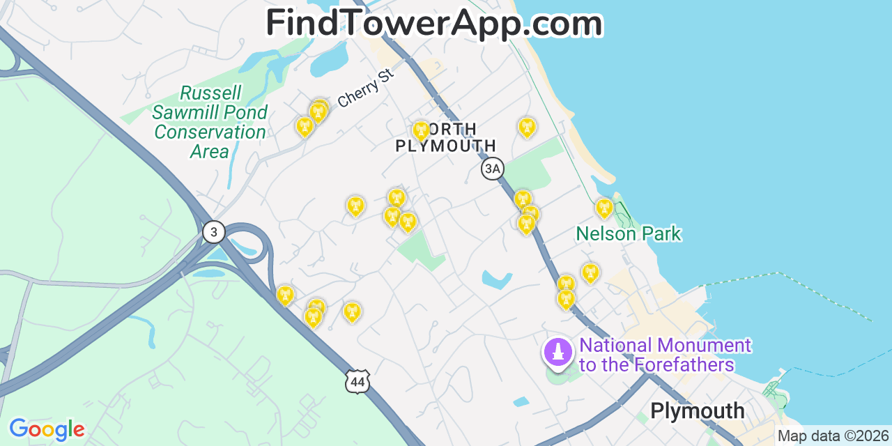 Map showing the 20 primary cell tower locations detected in North Plymouth, Massachusetts from AT&T, Verizon, and T-Mobile networks